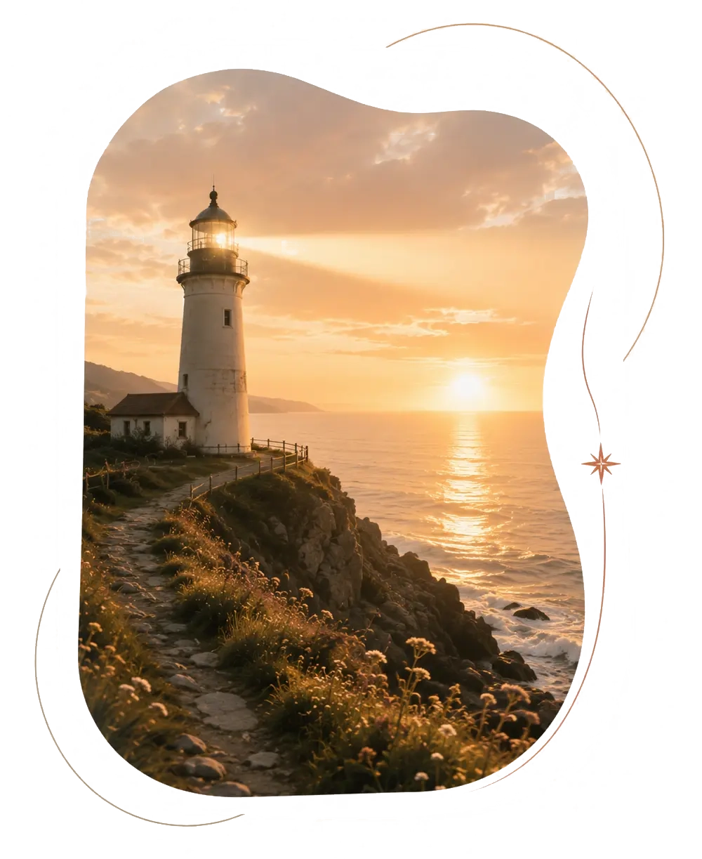 Phare guidant un chemin, symbole d’orientation et d’accompagnement professionnel